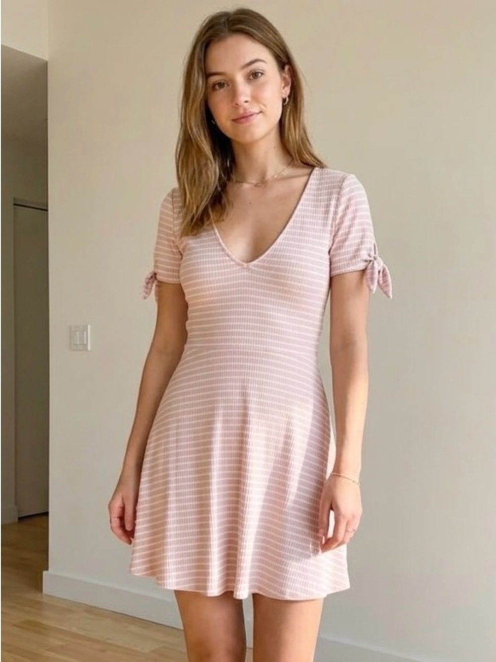 Abercrombie & Fitch Pale Pink Striped Ribbed V-Neck Skater Mini Dress